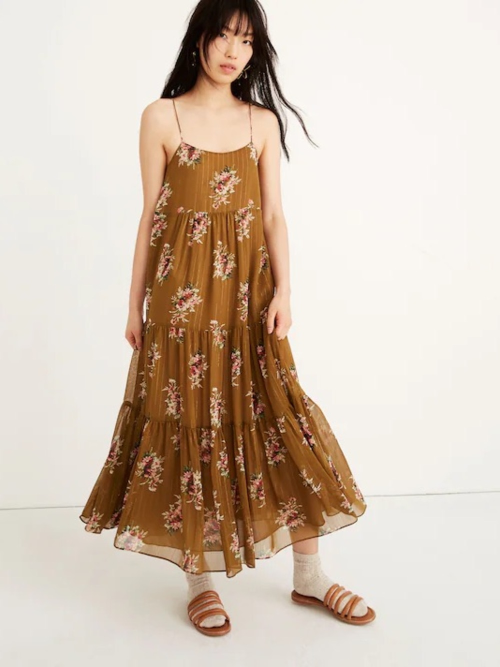 MADEWELL Cami Tier Midi Dress Metallic Classic Corsage Nosegay Floral Sz. 6